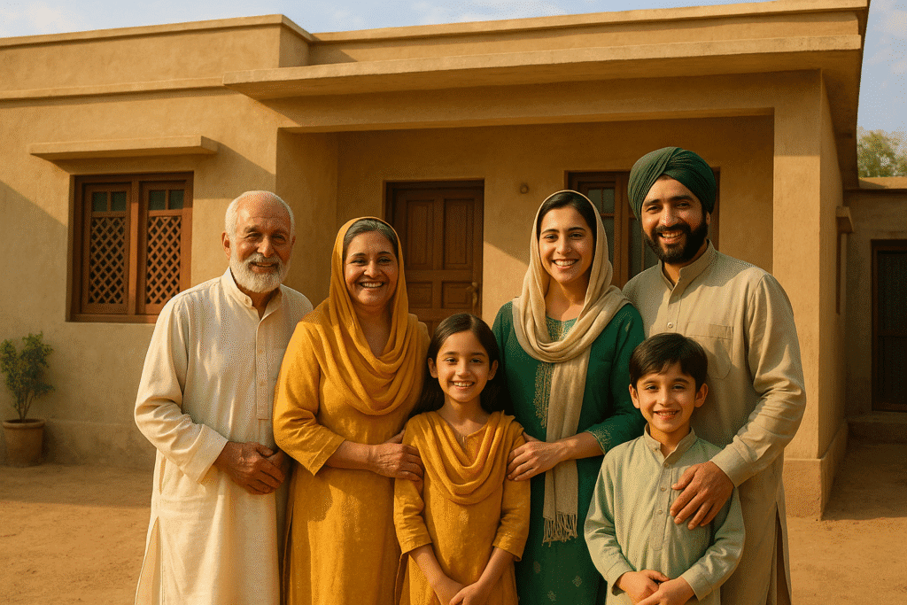 Pakistani family benefiting from Apni Zameen Apna Ghar free plot scheme standing in front of their new home in Punjab