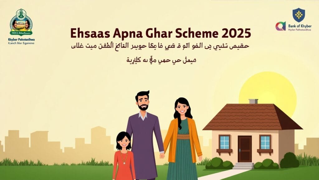 Ehsaas Apna Ghar Scheme 2025 A modern, warm illustration showing a smiling Pakistani family standing in front of a simple but dignified small house with a green garden. Include the Khyber Pakhtunkhwa government logo subtly in the corner and text saying 'Ehsaas Apna Ghar Scheme 2025' in both English and Urdu. The scene should show hope and achievement, with warm colors and a sunrise/sunset in the background symbolizing new beginnings. Include subtle visual elements representing the Bank of Khyber and housing finance.