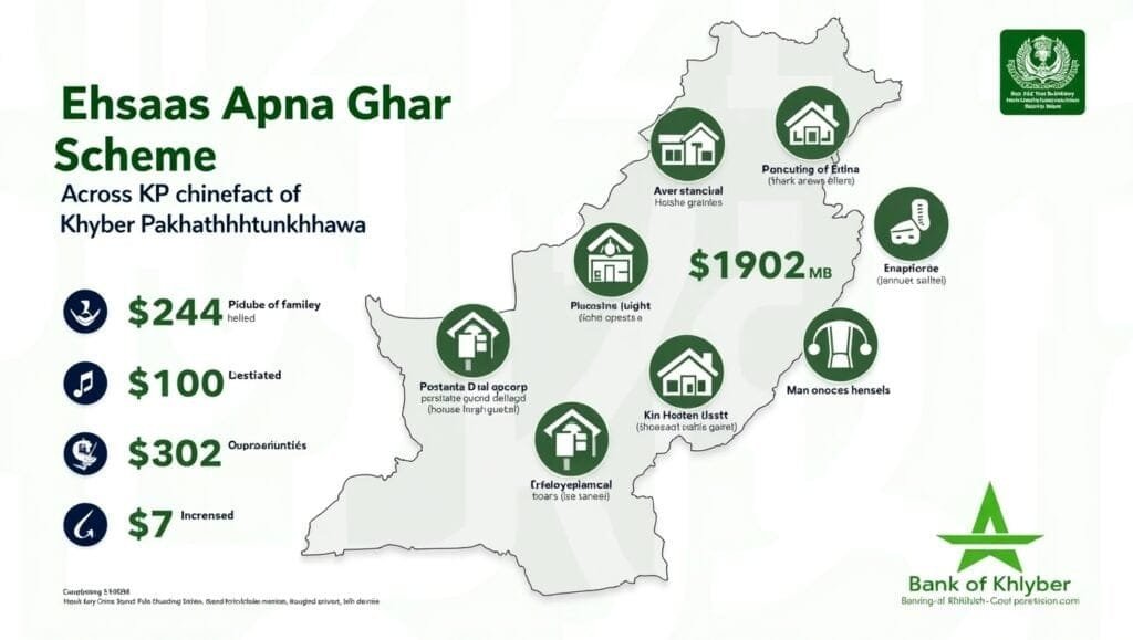 A professional, information-rich infographic showing the impact of the Ehsaas Apna Ghar Scheme across Khyber Pakhtunkhwa province. Include a simplified map of KP with house icons spread across it, key statistics in visually appealing circular badges (like number of families helped, amount of funding, etc.), and simple icons representing the benefits: improved living standards, community development, and financial stability. Use the official government color scheme (green and white) with accents of blue representing the Bank of Khyber. Include both English and Urdu text labels.